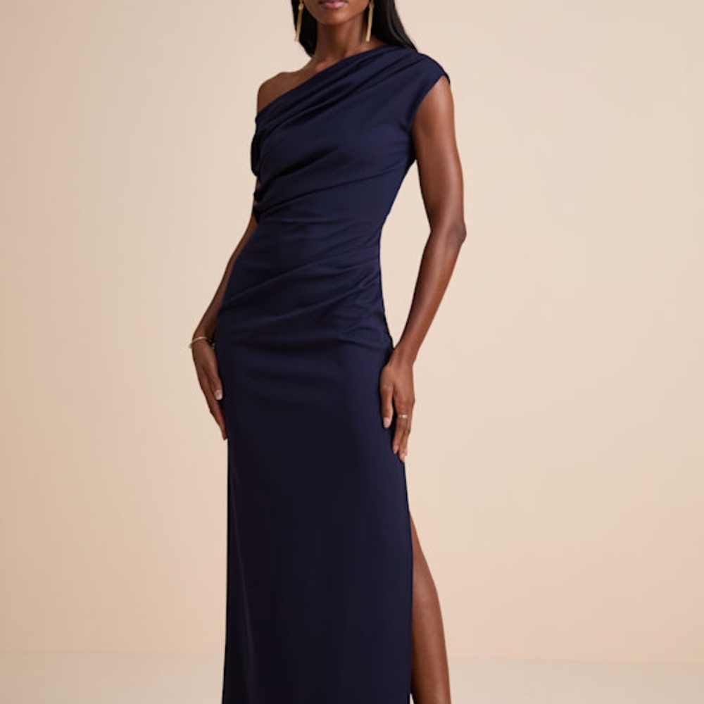 Lulus Janine Navy Asymmetrical Maxi Dress Blue - Size M